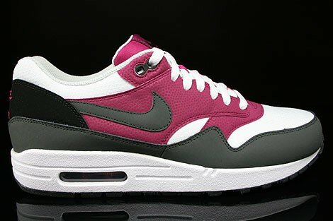 Chaussures Nike Air Max 1 Essential Homme/Femme Code de Style: 537383-105 Magenta Blanc Noir Brillant Fond Gris Foncé