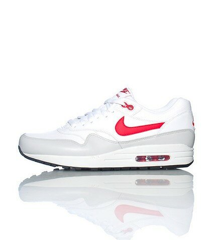 Nike Air Max 1 Leather (Cuir) Chaussures Homme Code de Style: 654466102 Lumière Rouge Blanc Gris Noir