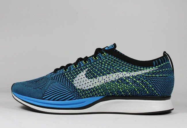 Chaussures de Running Nike Flyknit Racer HTM Homme Bleu Fluo Noir Rouge Blanc Platine